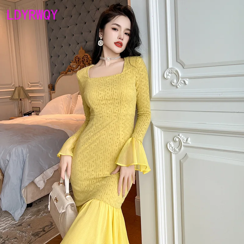 2023 Autumn and Winter New Women\'s Fashion French Square Neck Flare Sleeve Slim Fit Wrap Hip Knitted Fishtail Dress