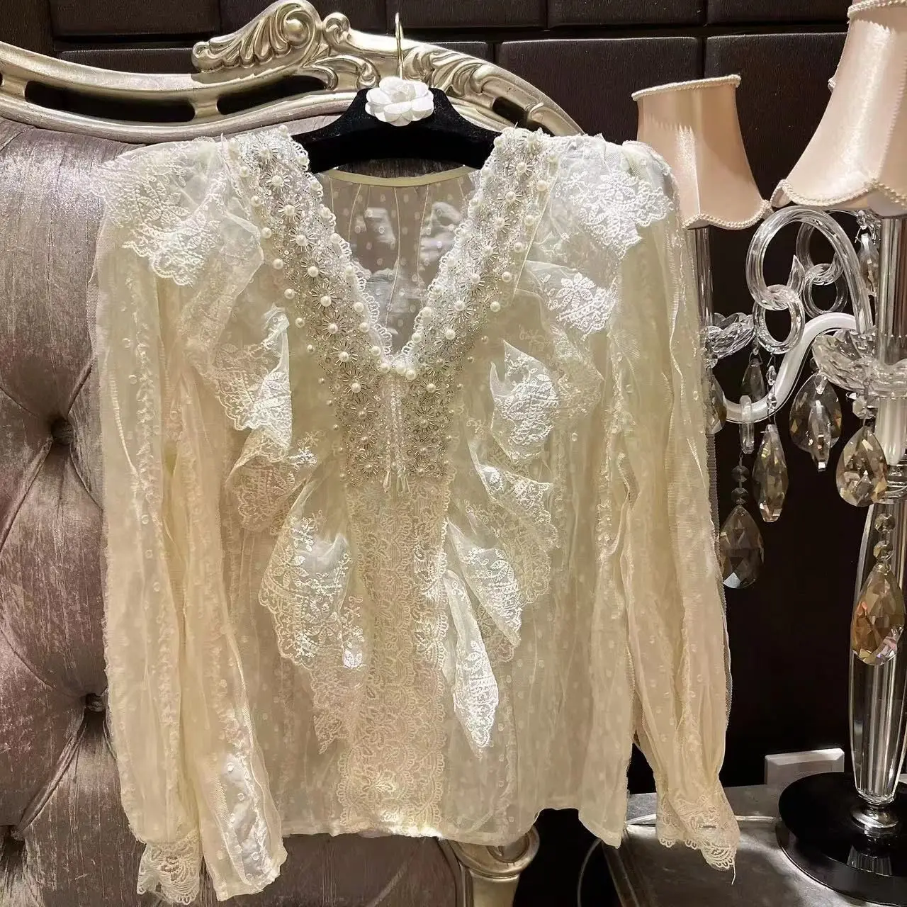 Camicia in pizzo multistrato da donna, manica a bolle, Top con scollo a v, industria pesante, perla per cucire a mano, novità