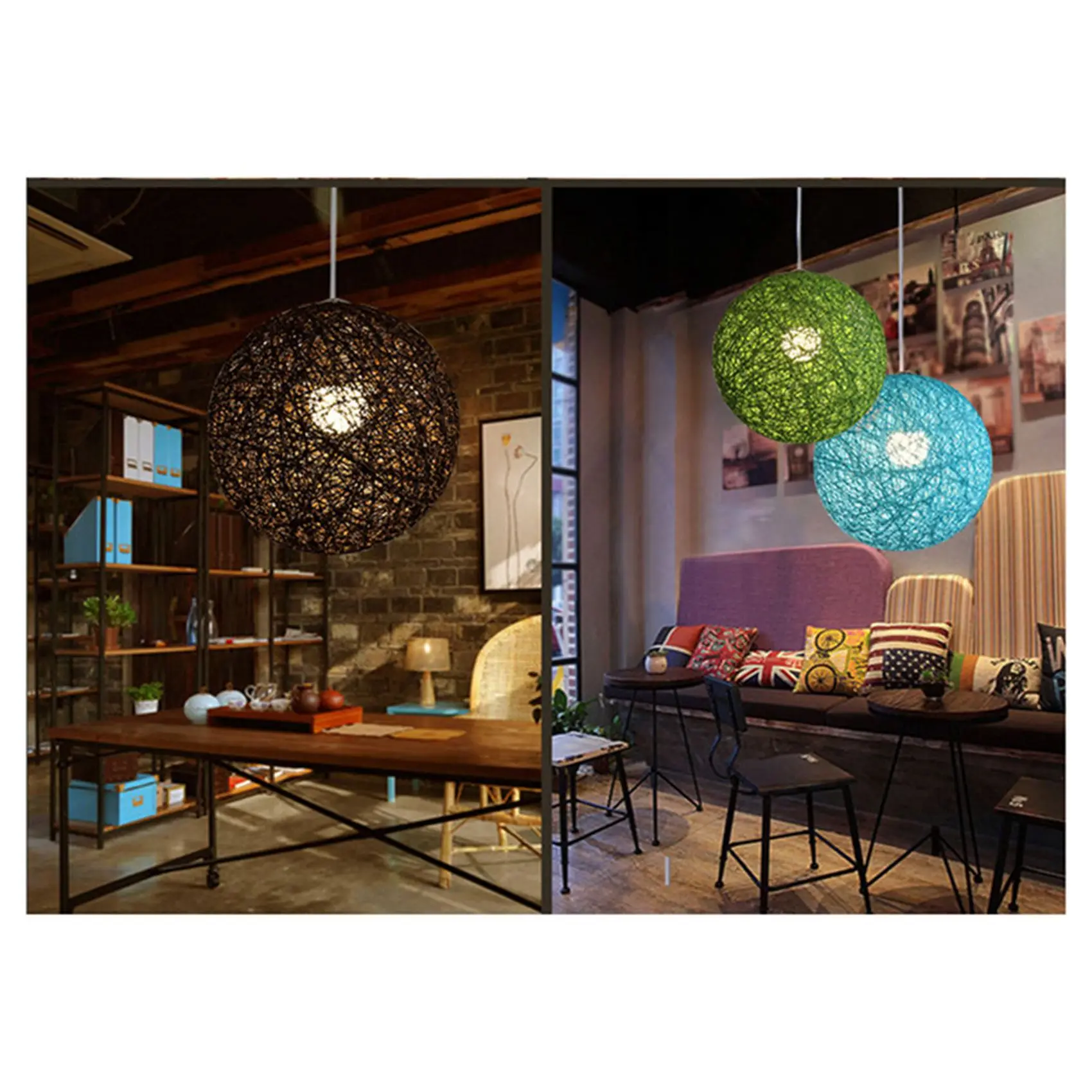 2X Yellow Bamboo, Rattan And Hemp Ball Chandelier Individual Creativity Spherical Rattan Nest Lampshade