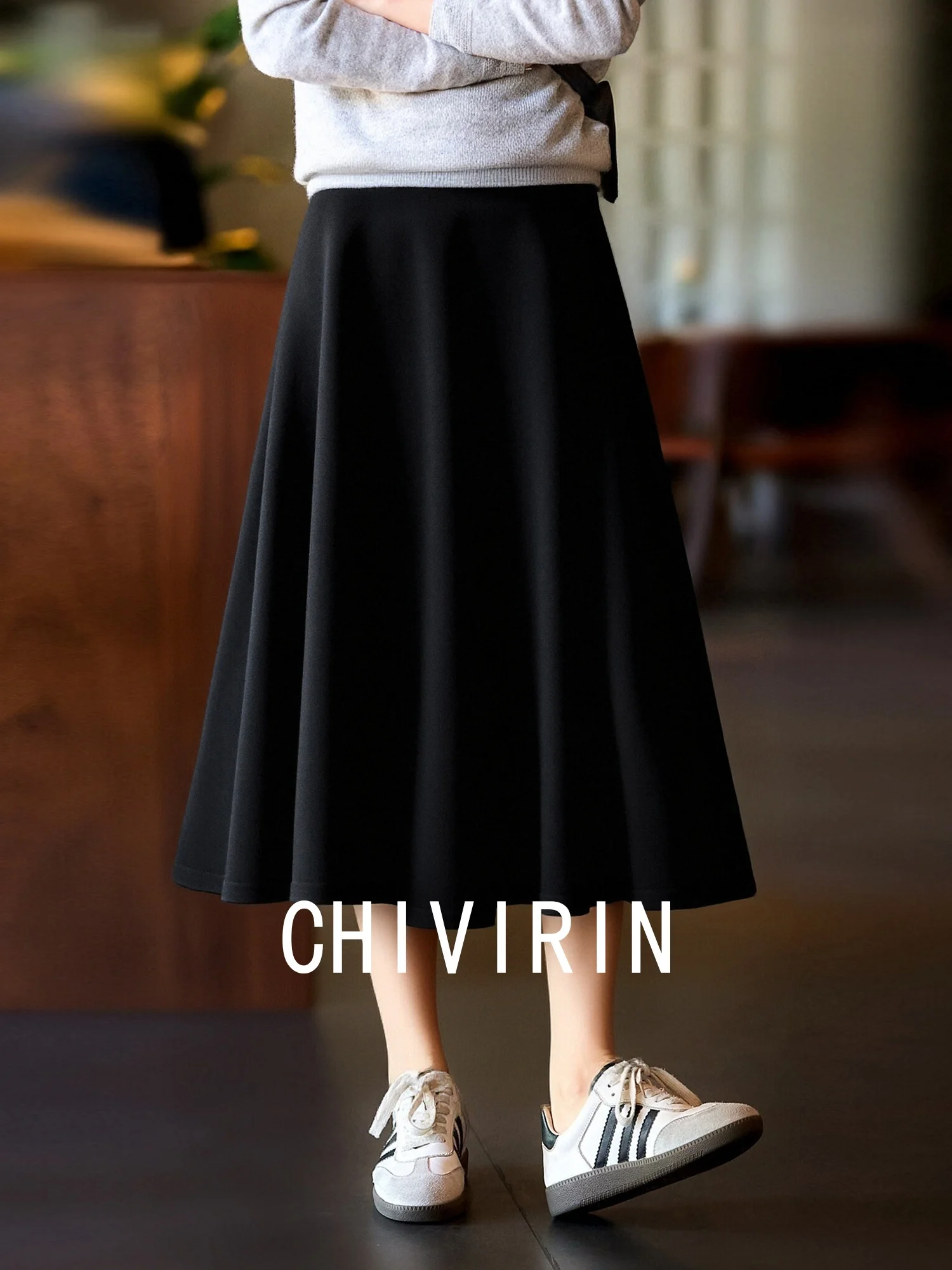 

Chivirin Ele Bla Fce f-length A-line Skirt Women's Faion High-waist Zipper Sle Casual Polyester Fiber