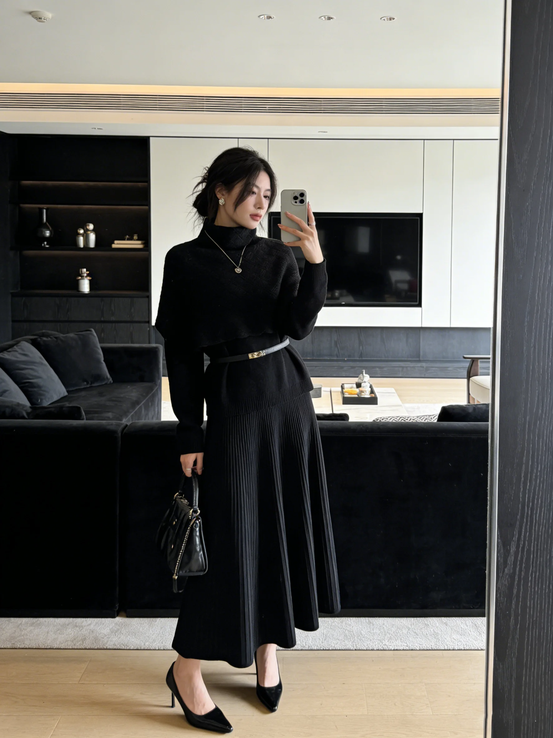 

Korean Sle Vintage Knitted Set High Collar Cloak Sle Top Slimming Long Skirt Early Spring Faion Elastic ort Sve