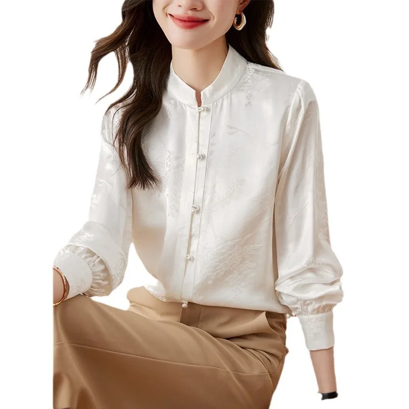 

Jacquard Shirt for Women 2025 Spring and Autumn New Fashionable Temperament Stand Collar Pearl Button Satin Long-sleeved Shirt