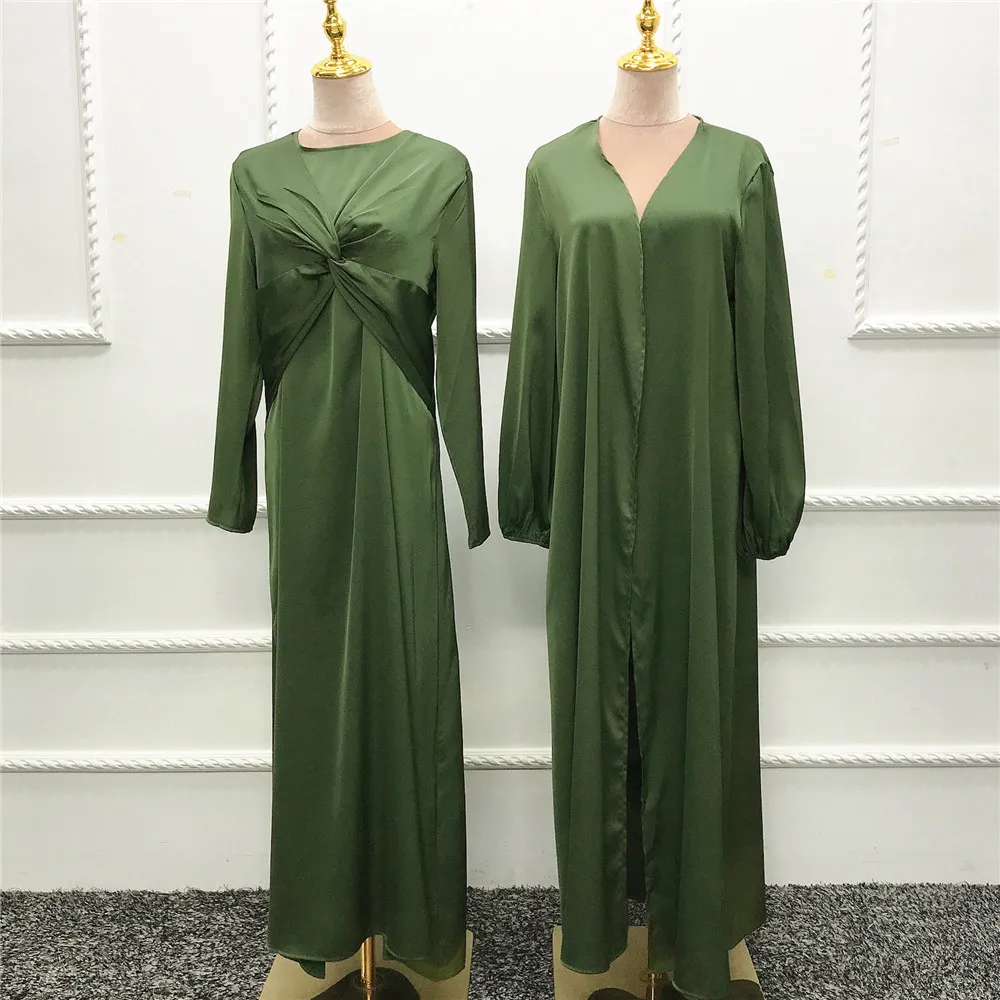 2 Pieces Sets Kaftan Abaya Women Kimono Satin Turkey Islamic Arabic Muslim Robe Ramadan Dubai Abayas Hijab Dress Moroccan Outfit