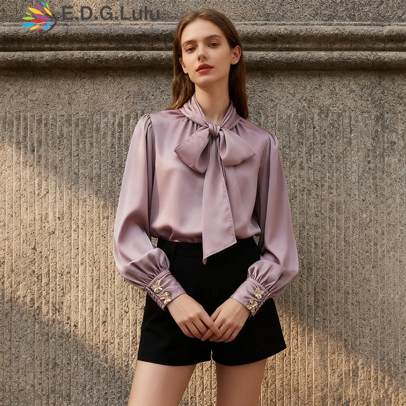 

EDGLuLu, осень 2021, новый дизайн, блузка с воротником-стойкой, на шнуровке и бантом, женская универсальная блузка с длинными рукавами и пуговицами, фиолетовый топ, наряды 1107