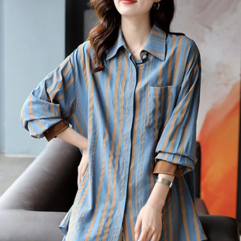 Spring Autumn Striped Loose Blouse Women Casual Lady Shirt Vintage Long Sleeve Elegant All-match Cardigans Tops Female Clothes