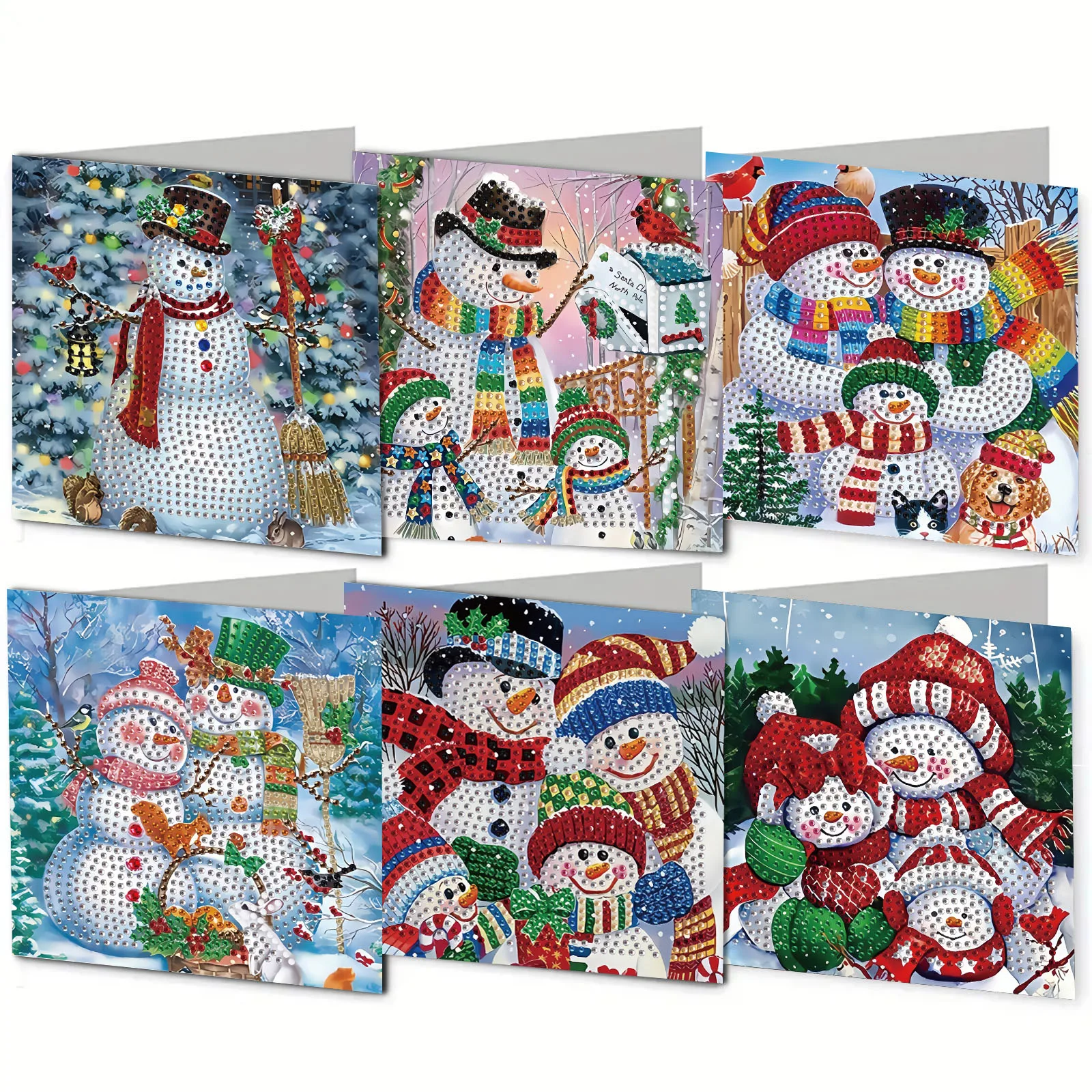 6 rautenbemalte Weihnachtskarten-Postkarten mit DIY-Papier-Schneemannmustern, geeignet zum Ausdrucken von Wünschen und Segen