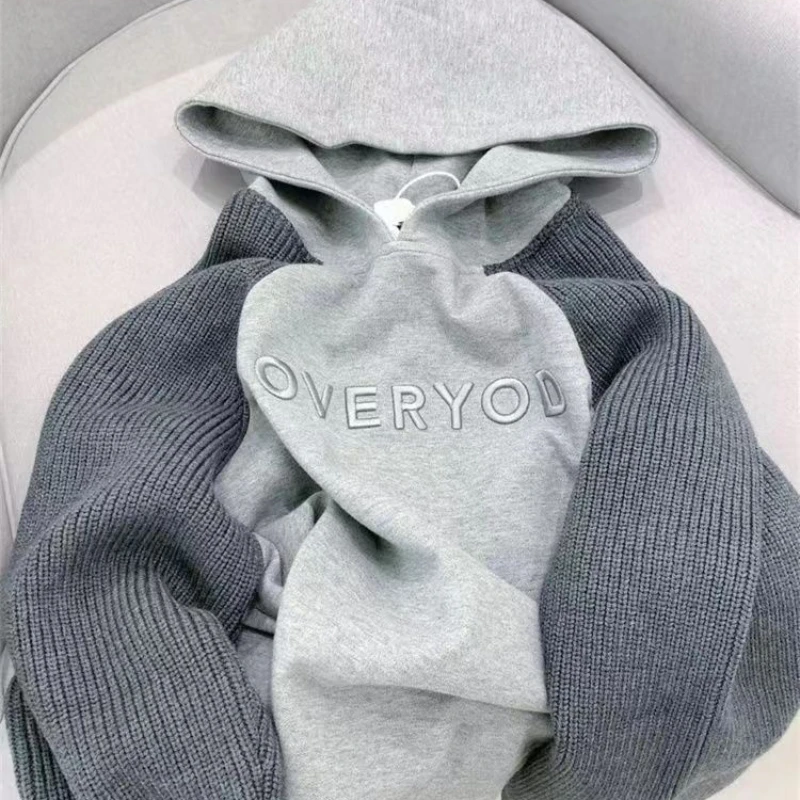 

American Retro Hooded Sweatshirt for Unisex in Autumn and Winter Contrasting Letter Print Plus Velvet Jacket Loose Casual Tops