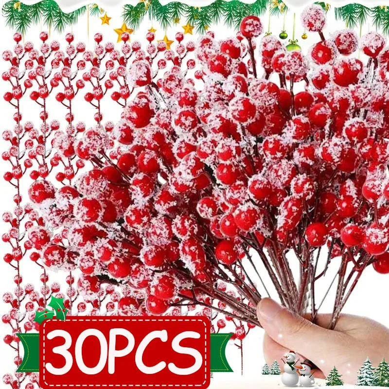 30/1Pc Artificial Snowflake Red Berry Branches Fake Plant Stamen Bouquet Home Christmas New Year Party Table Decoration Supplies