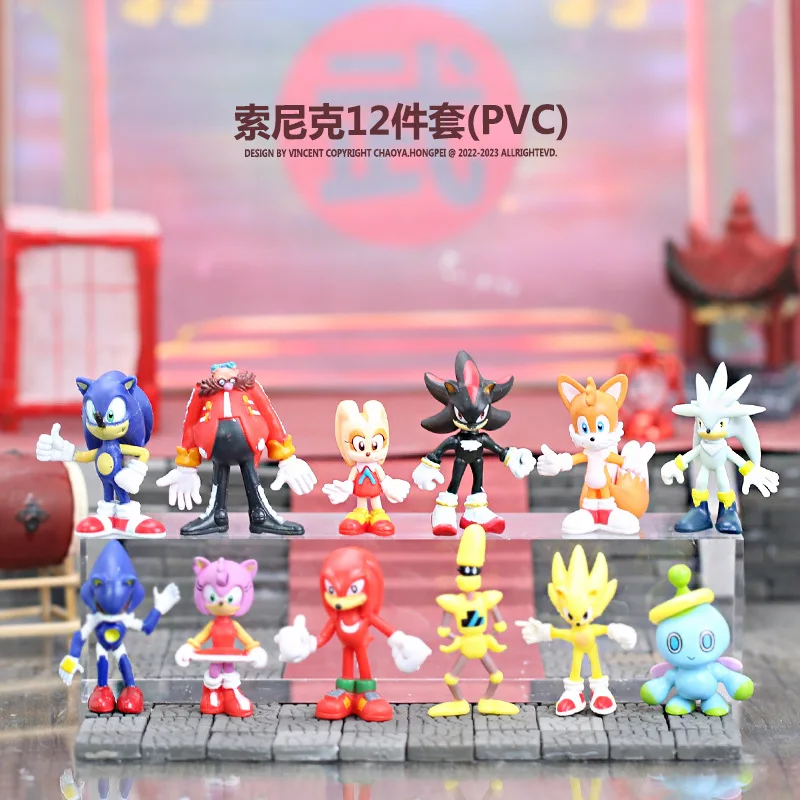 12pcs Sonic Cartoon Doll Desktop Decoration Film and Television PVC Character Toy Hedgehog Shadow Tail Figure Model Dolls Toys