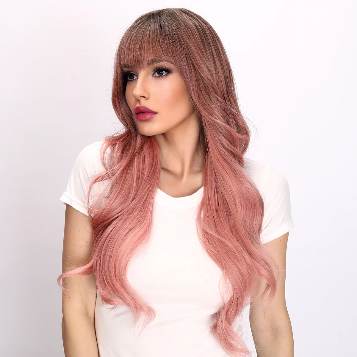 Smilco-perucas onduladas sintéticas com flat bangs para mulheres, perucas encaracoladas rosa omber, ondulado natural longo, cabelo falso, festa diária, resistente ao calor