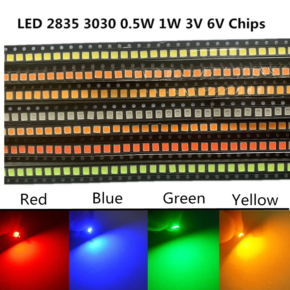 

Светодиодные SMD 110 2835 3030 W 0,2 W 1W чип 3V 6V 9V желтый красный синий зеленый белый свет излучающие диодные лампы для лампочек 0,5 шт.