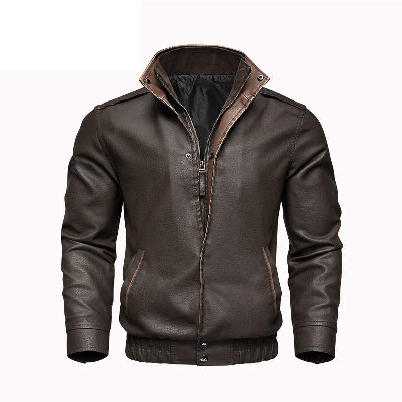 New Autumn Men\'s Leather Jacket Stand Collar Retro Business and Leisure