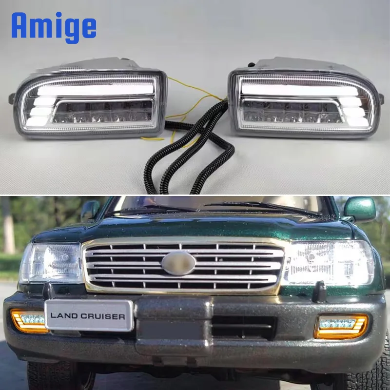 LED DRL Daylights For Toyota Land Cruiser LC100 FJ100 Yellow Turn Signal Headlamps LED Daytime Running Headlights 12V Fog Lamps