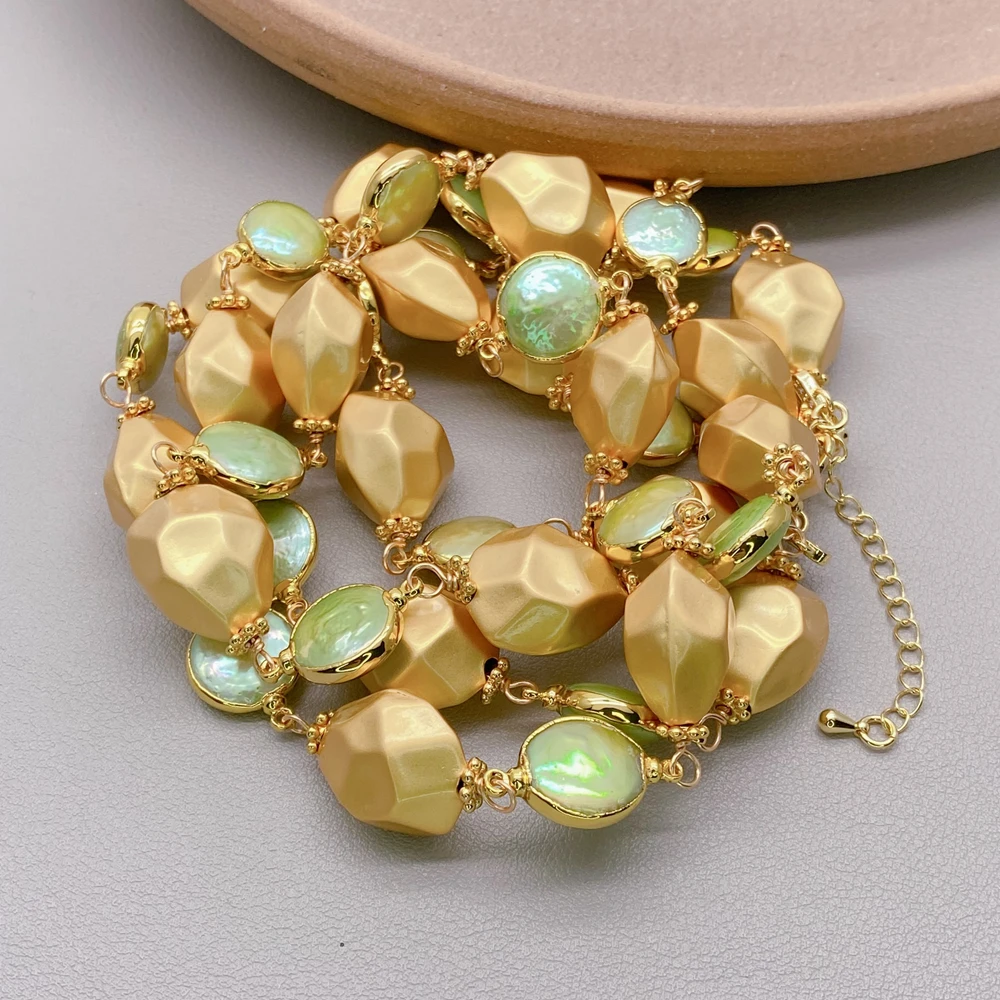 Y·YING 2 Strands 12mm Cultured Green freshwater Pearl gold color nugget beads wrap Necklace