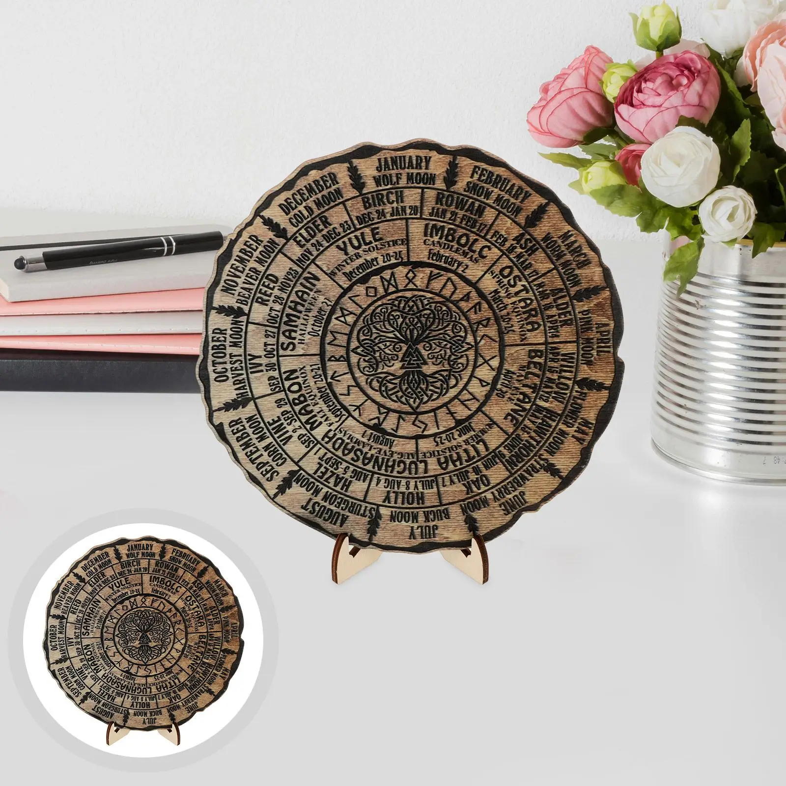 

Wooden Decorations Vintage Witch Tree Ring Decorative Calendar Table Ornament Handmade Work Wheel of The Year Desktop