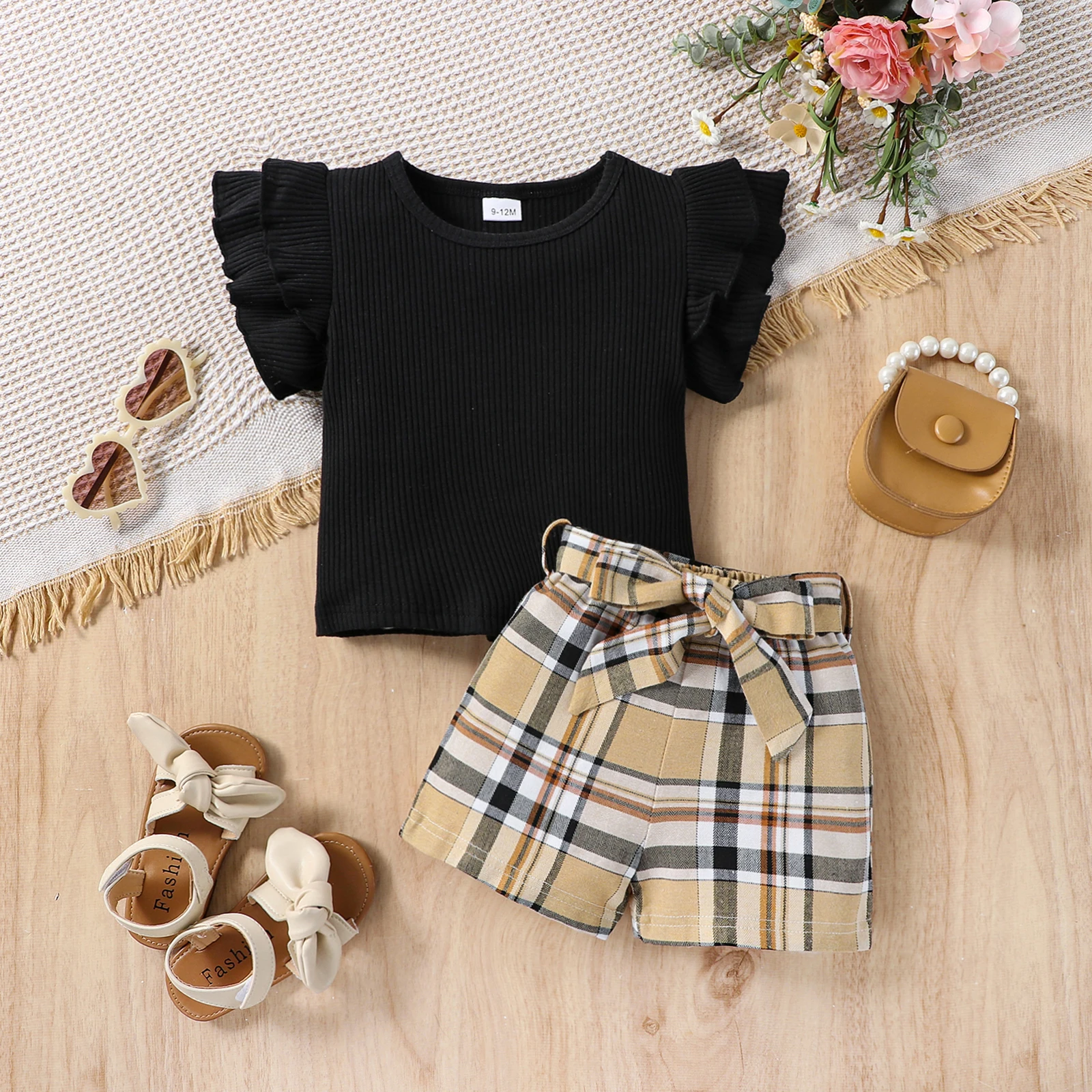 Children Sets New Summer Pure Black Sleeveless T-shirt +Causal Shorts 3Pcs Baby Girls Suit Infant Newborn Fashion Clothes