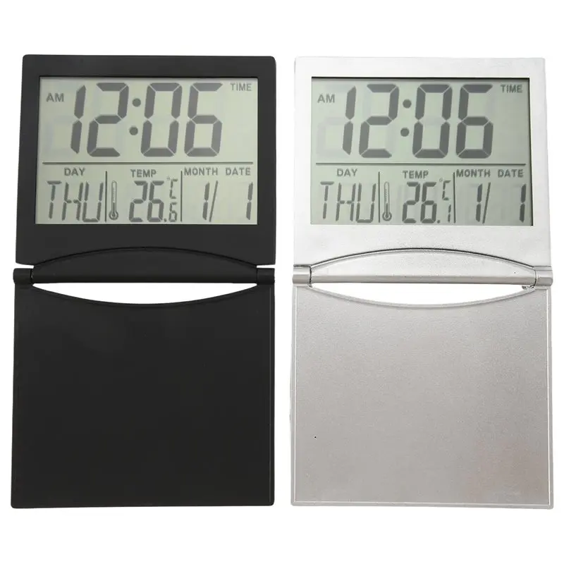 ABSS-2 Pcs Digital Travel Alarm Clock Foldable LCD Clock With Calendar Temperature Snooze Mode Portable Display Desk Clock