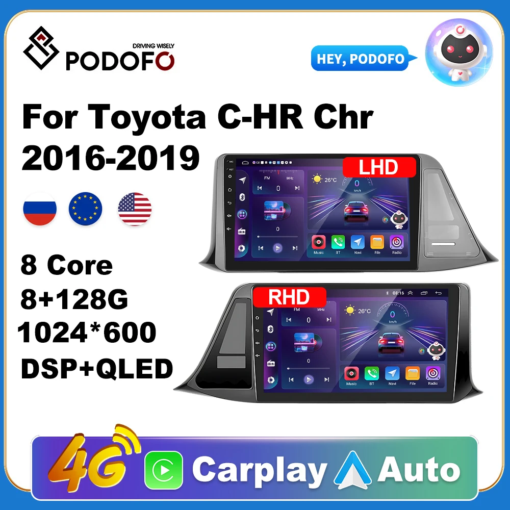 Podofo Wireless CarPlay Andorid Auto Car Radio For Toyota Izoa/C-HR 2016-2019 right-hand AI Voice Multimedia GPS 2din autoradio