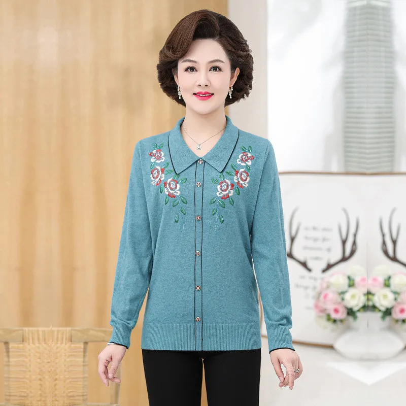 Lapel Embroidery Women Sweater Pullover Middle-Aged Elderly Mama Thin Knitted Coat 2023 New Spring Autumn Tops T-Shirt Knitwear