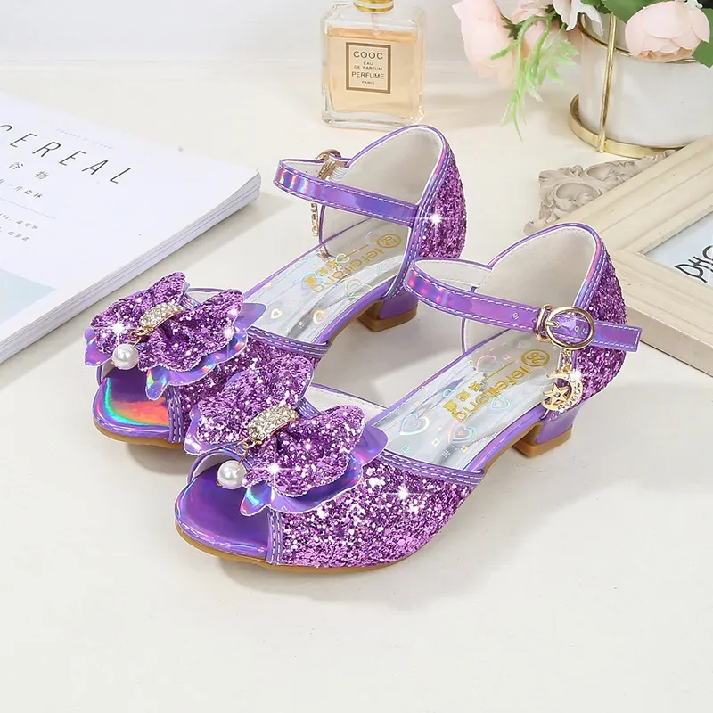 Kids Princess Wedding Leather Shoes Summer Classic Butterfly Knot Girls Crystal Sandals Glitter Party Dance Children High Heel