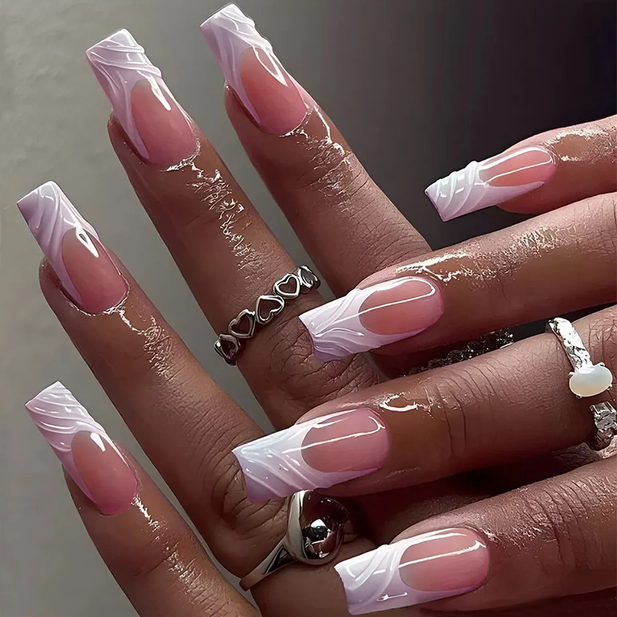 24Pcs Long Square Head Nails Set Press on White Edge French Design False Nails Detachable Artificial Full Cover Fake Nails Tips