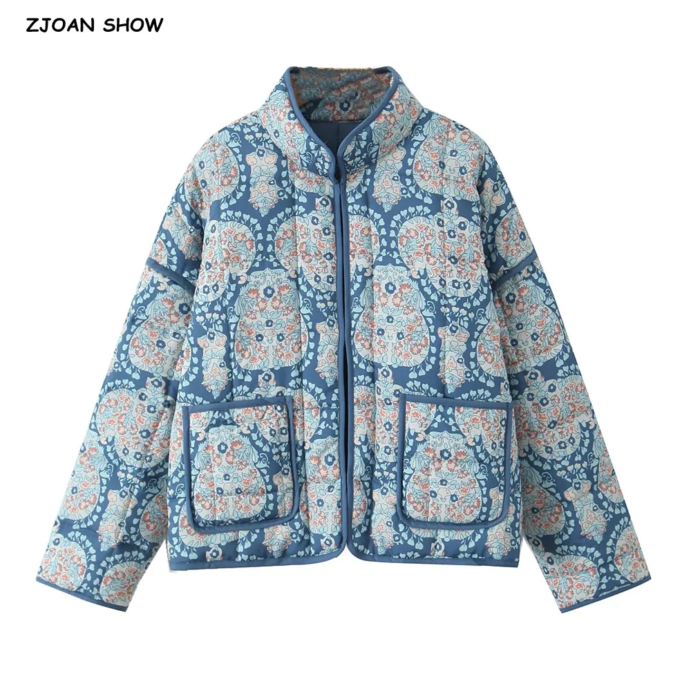 2024 Autumn Winter Blue Flower Paisley Print Stand neck Quilted Coat Ethnic Women Front Pockets Loose Quilting Outerwear Retro