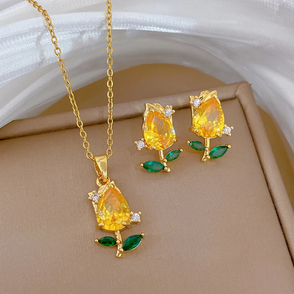 ZAKOL 316L Stainless Steel Steell Chain Yellow Crystal Rose Flower Pendant Necklace Earrings Set Lady Trend Luxury Jewelry