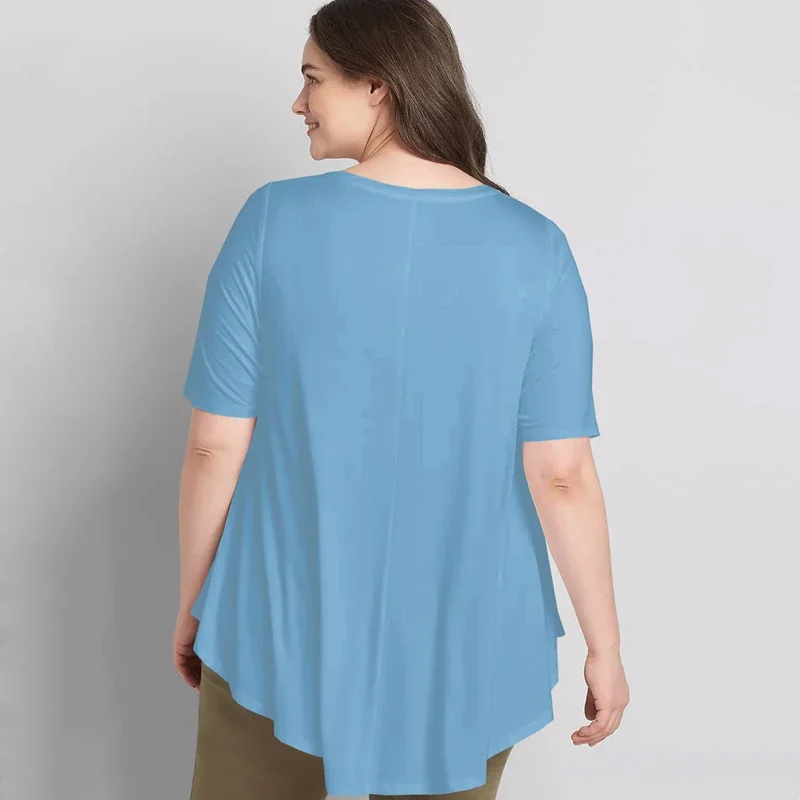 Plus Size V-neck Summer Casual Hi Low Tunic Tops Women Short Sleeve Fog Blue Loose Fit Flare Basic Swing Blouse And Top 7XL 8XL