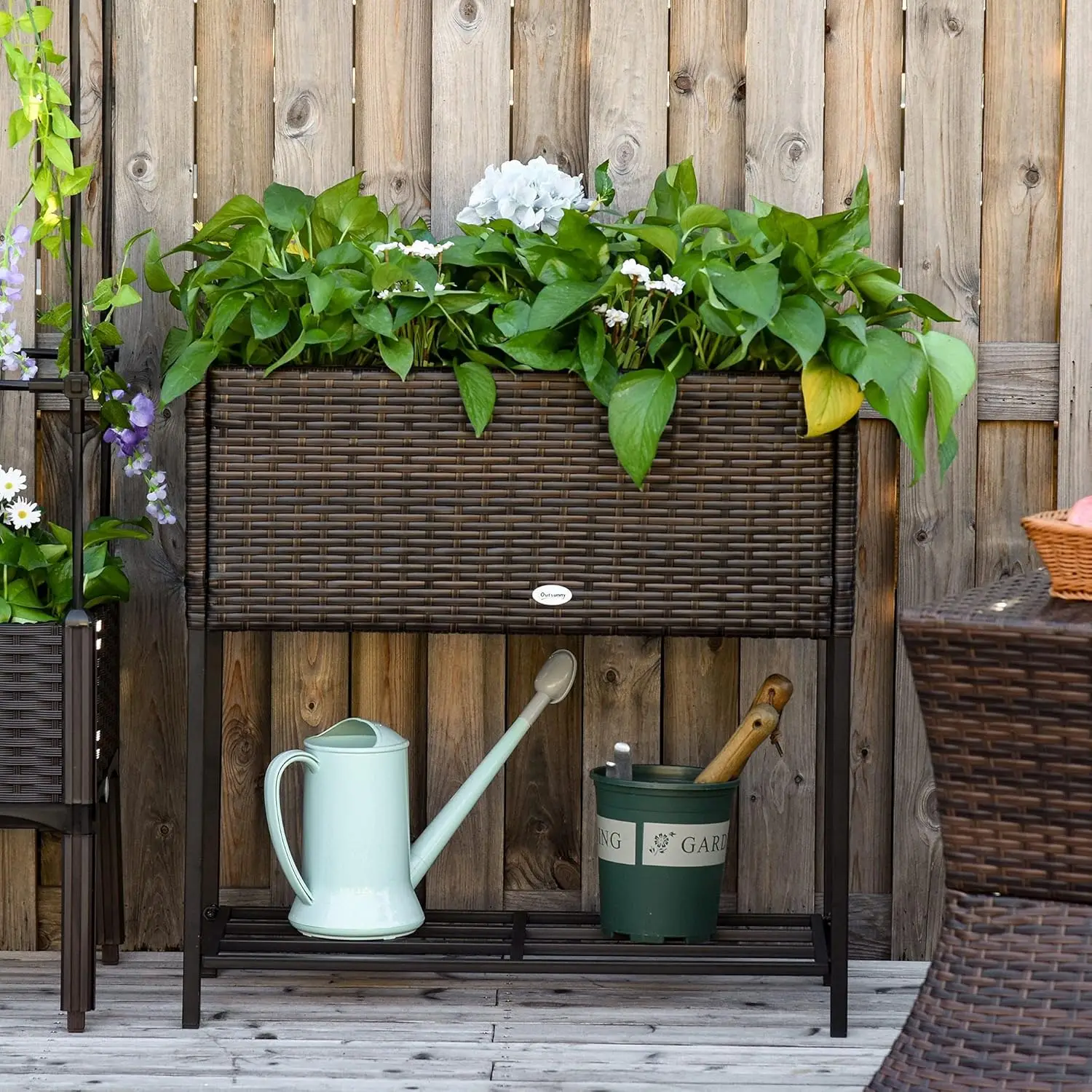 Backyard, Patio Herb and Flower Planting: Rattan-Look, Brown Raised Garden Bed with Tool Storage, Portable Design