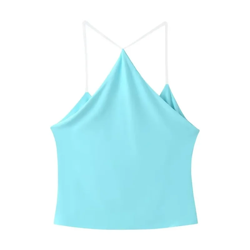 Fanan Willshela Women Fashion Blue Pleated Backless Cropped Camis Tops Vintage V-Neck Sleeveless Female Chic Lady Tops