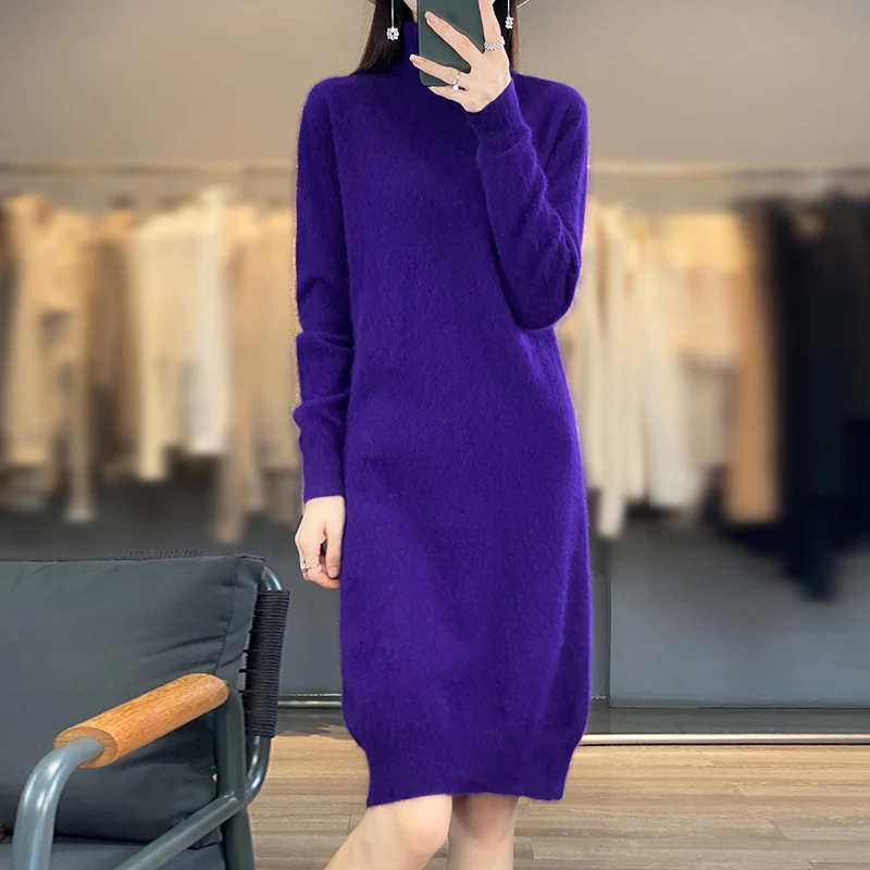 Female New 2023 Autumn And Winter Mink Cashmere Sweater Woman High Turn-Down Collar Long Dress Pullover Knitted Bottoming Skirt