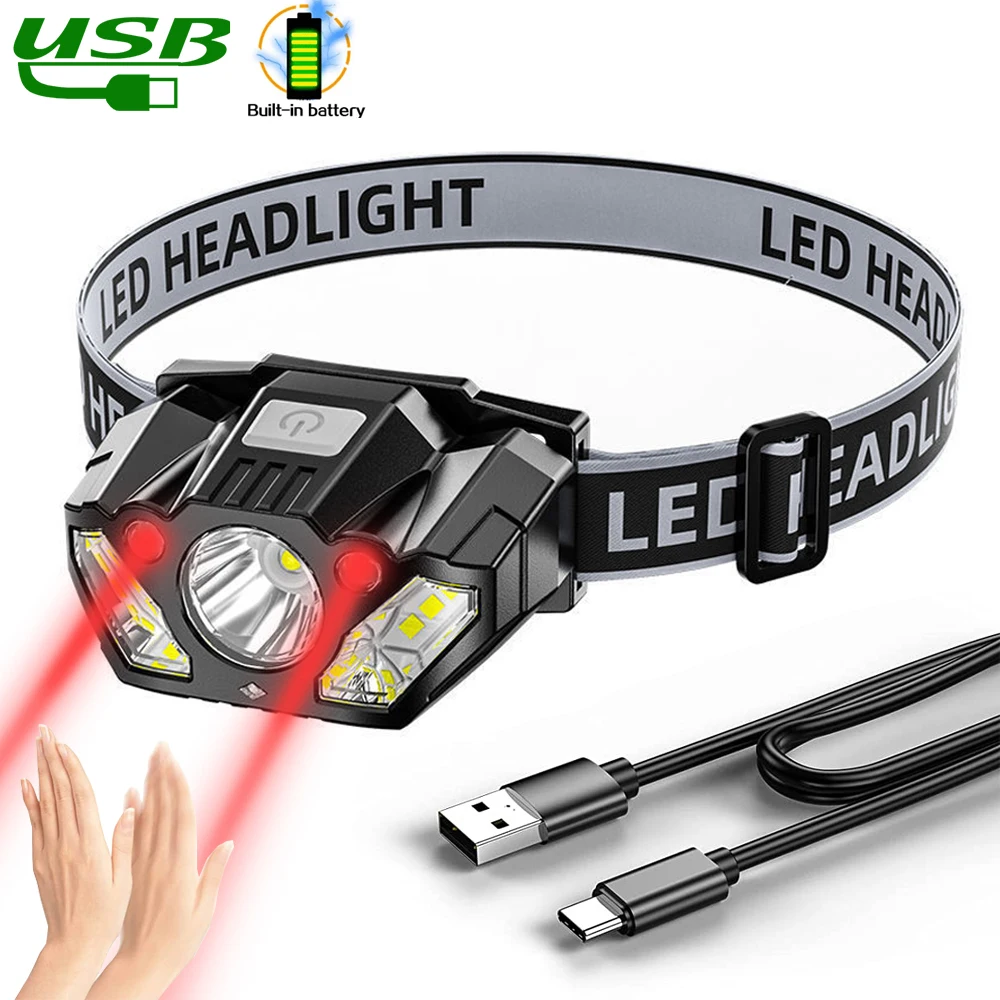 

LED Sensor Headlamp Type-C Rechargeable Headlight Induction Built-in Battery Head Torch Waterproof 5 Modes Mini Fishing Lanterns