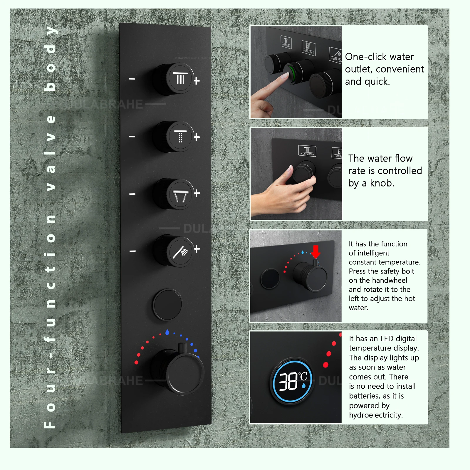 Ceiling Embedded Music LED 36*12 Inch Rain&Waterfall Shower Head Temperature Display Thermostatic Shower Faucet Set