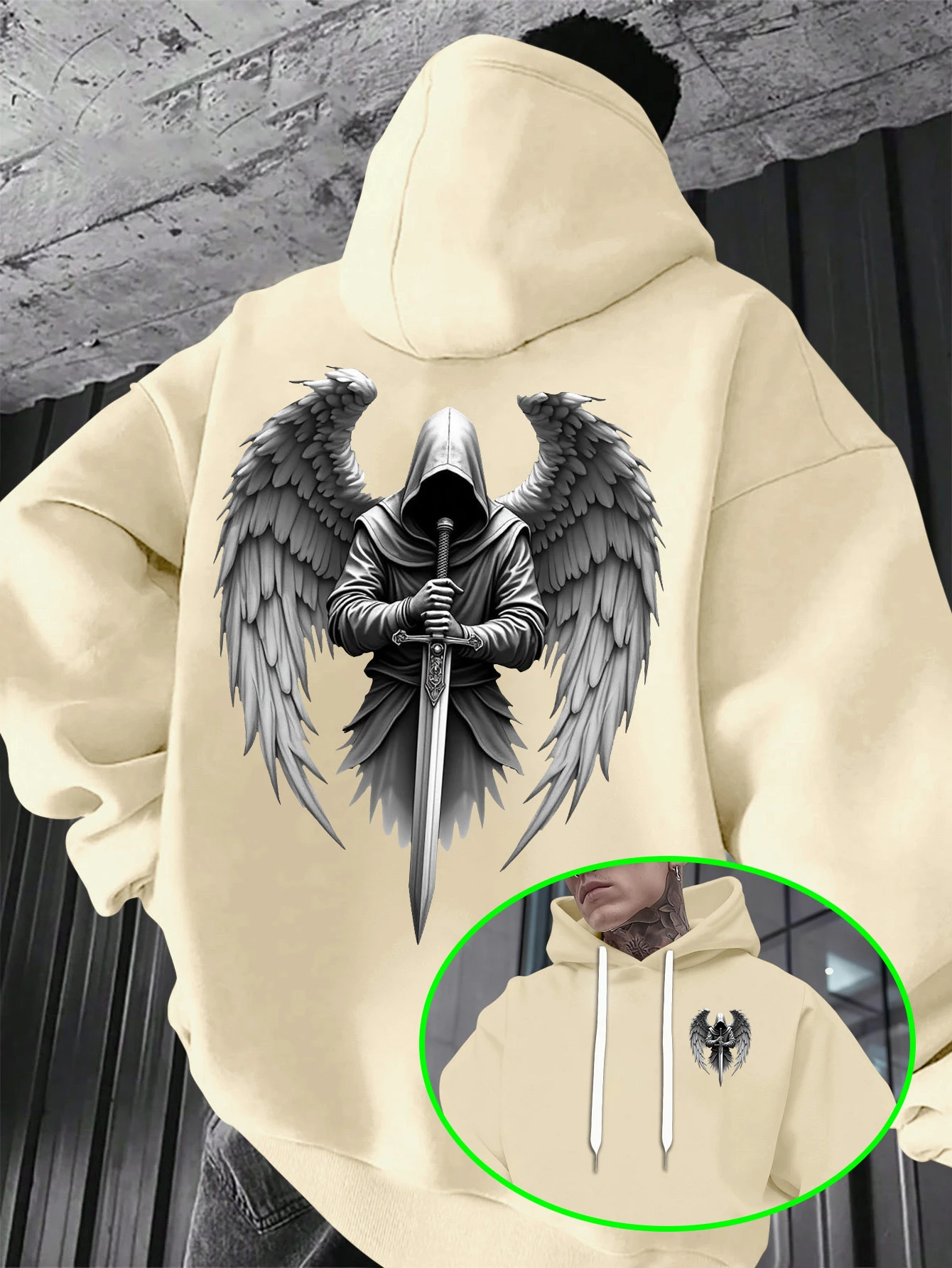 Mysterious Sword-Wielding Angel Print Hooded Sweatshirt - Effortlessly Achieve Gothic Trendy Style