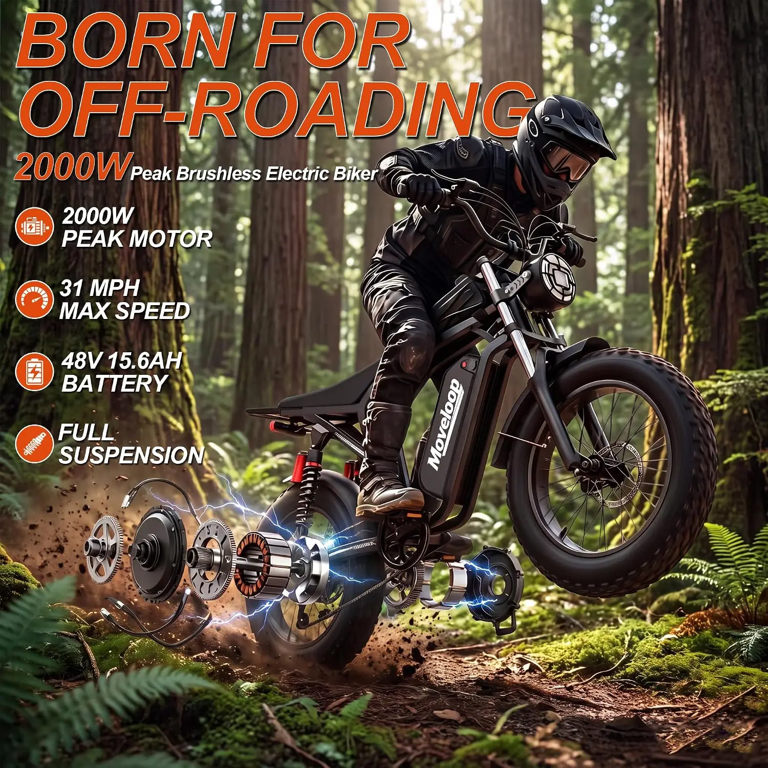 2000W 20 Inch Fat Tire Electric Bike for Adults, 7 Speed 15.6AH Battery LED Light E-Bicycle, Customized