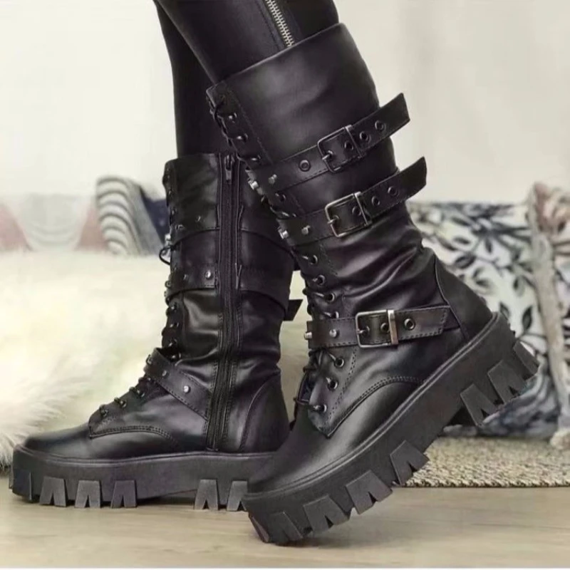 Luxury Women's Boots Pu Leather Ladies Mid-calf Boots Punk Gothic Biker Boots Side Zip Shoes for Women New Botines Para Mujeres