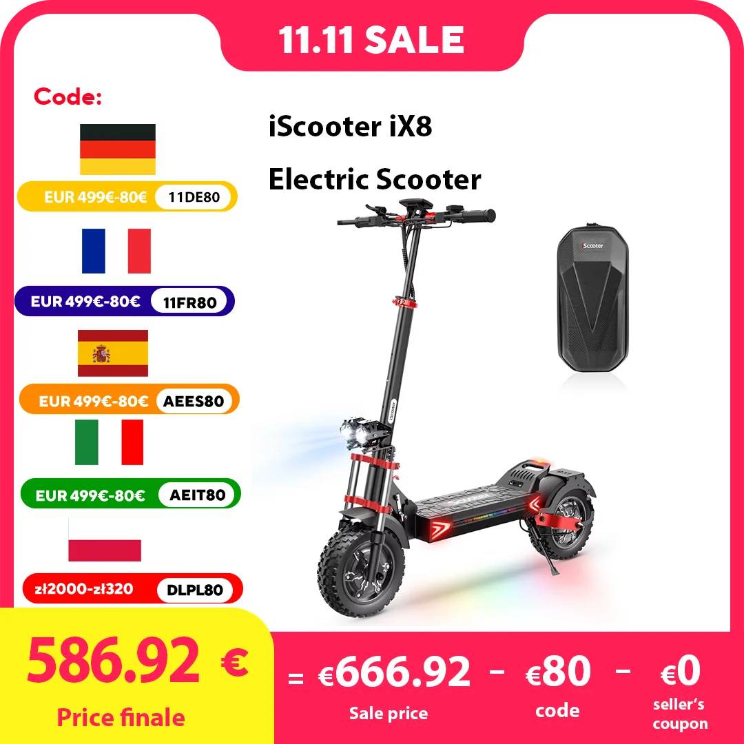 IScooter-Scooter électrique iX8, freins à disque hydrauliques pour touristes, suspension avant et arrière, batterie 48V 20AH, moteur 2*1200W, 12 pouces