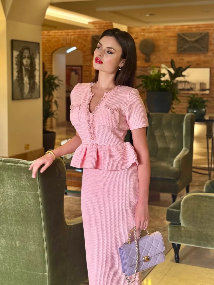 Elegant Sweet Knit Peplum Two Piece Set  Dress Women Pink V Neck Short Sleeve Midi Skirt 2026 Lady Spring Office Party Vestido