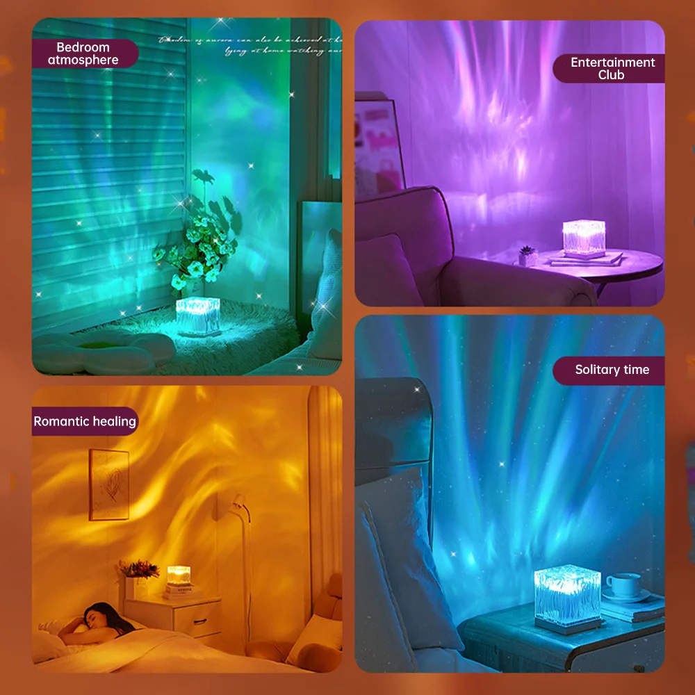 Dynamic Aurora Northern Lights Water Ripple Projector Night Light 17 Colors Flame Crystal Lamp for Living Room Study Bedroom