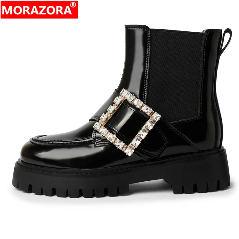 

MORAZORA Patent Genuine Leather Chelsea Boots Women Big Square Buckle Autumn Winter Ankle Boots For Women Med Heel Ladies Shoes