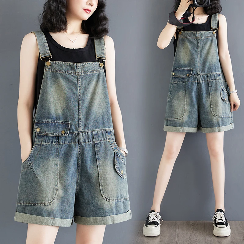 

Artistic Vintage Faded ort Jeans Casual Pants Thin Summer New Sle Loose Wide Leg Overalls orts for plus Size Women