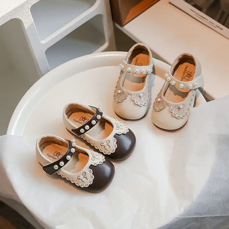 Scarpe da principessa da ragazza primaverile che borda Pactwork Sweet Children Mary Janes Beige marrone elegante Hook-loop eleganti appartamenti per bambini 23-34