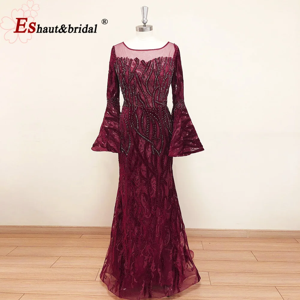 Elegant Velvet Evening Night Dress for Women 2023 Burgundy Long Sleeves O Neck Crystal Mermaid Formal Wedding Prom Party Gowns