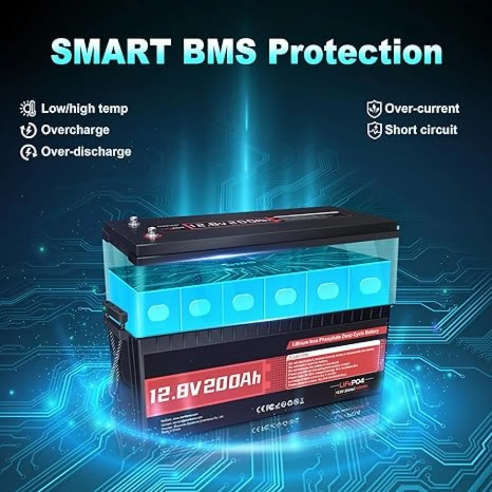 Akumulator litowo-żelazowy LiFePO4 12V 200Ah, wbudowany BMS 200, 8000+ cykli głębokiego rozładowania, ochrona przed niskimi temperaturami, akumulator litowo-żelazowy wielokrotnego ładowania