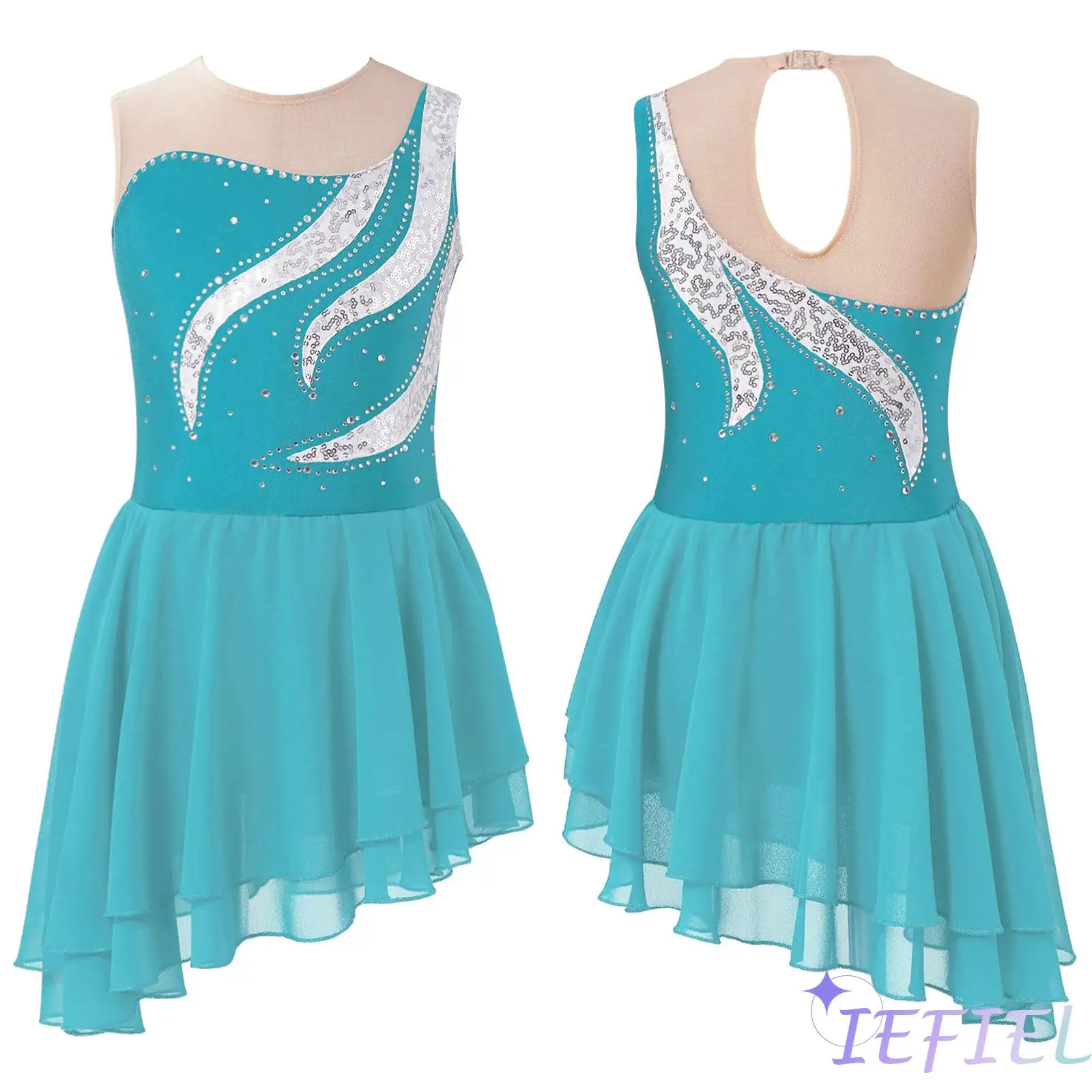 Kids Girls Mesh Splice Chiffon Ballet Dance Leotard Hollow Back Dress Dancewear Sequin Rhinestone Figure Ice Skating Costume