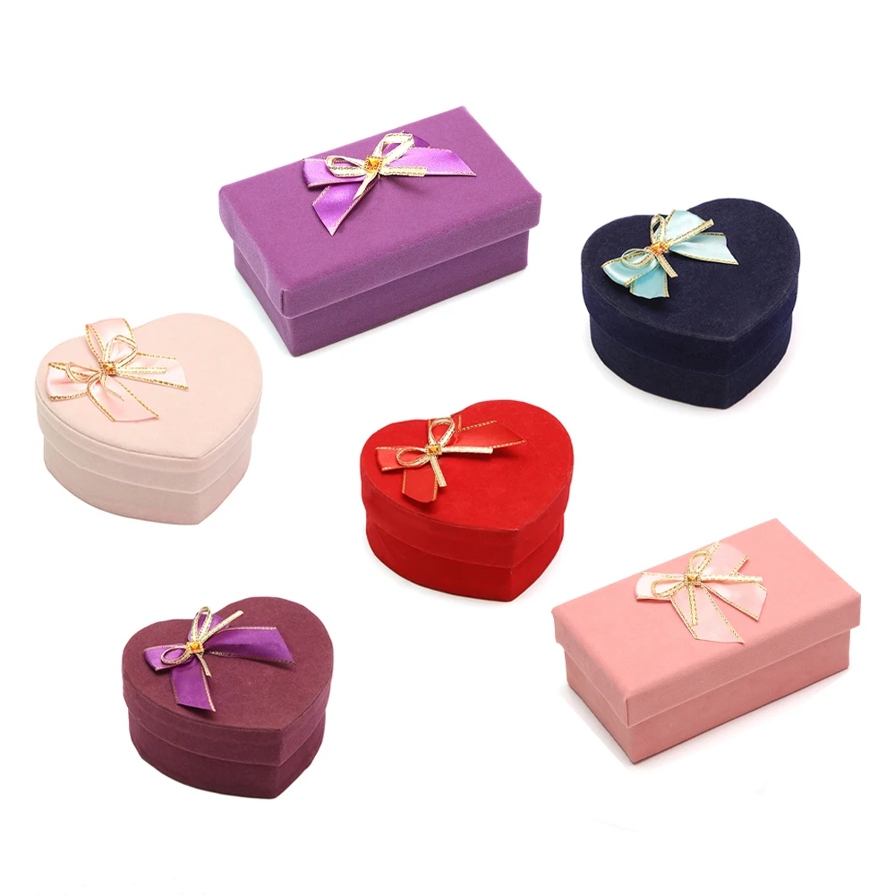 Bow Ribbon Jewelry Box Velvet Heart Shaped Gift Box Earrings Ring Necklace Storage Case Gift Packaging Display Container