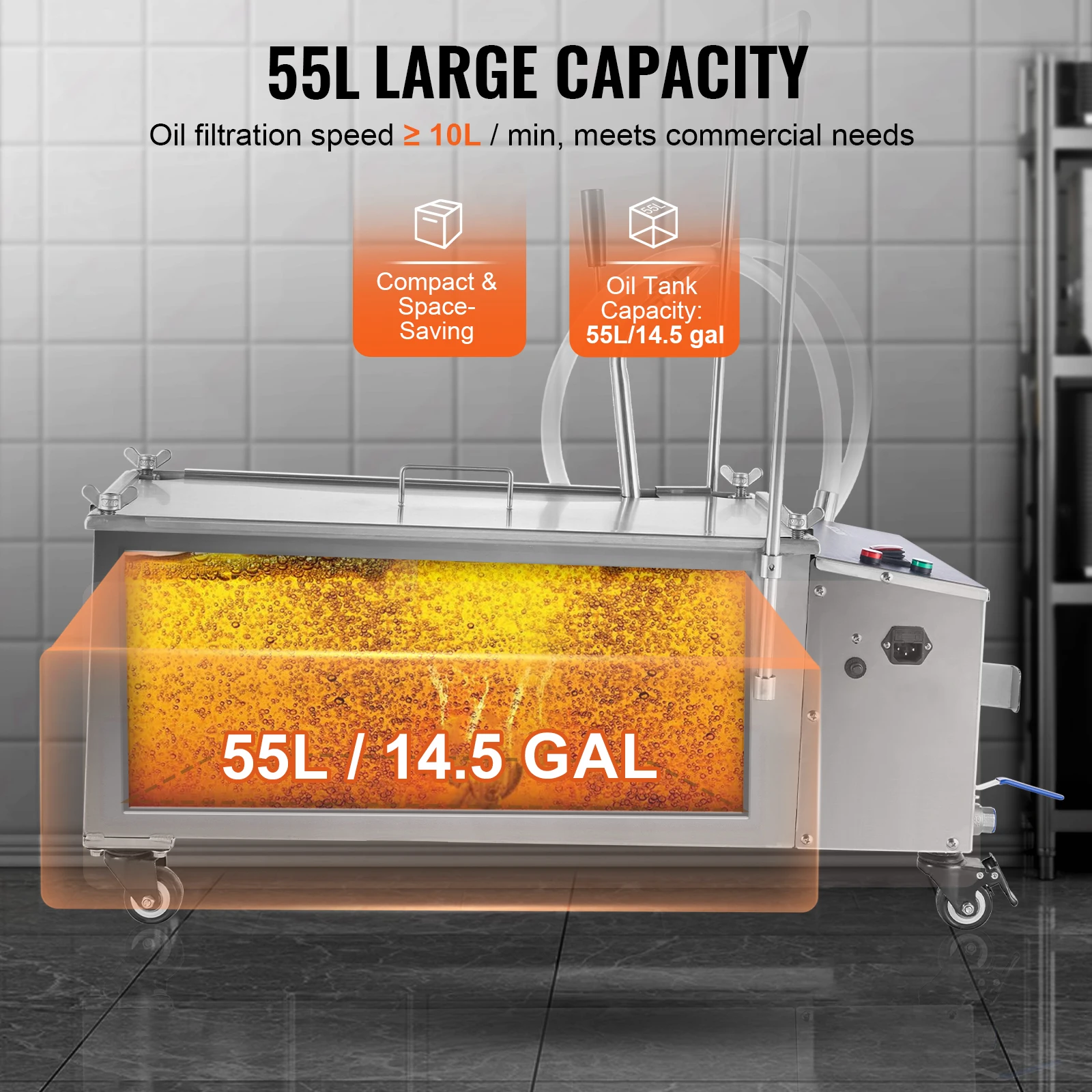 VEVOR Filtro de freidora móvil capacidad del tanque de aceite de 55L sistema de filtración de aceite con velocidad de filtración de aceite de 10 L/min sistema de filtro de aceite con ruedas giratorias