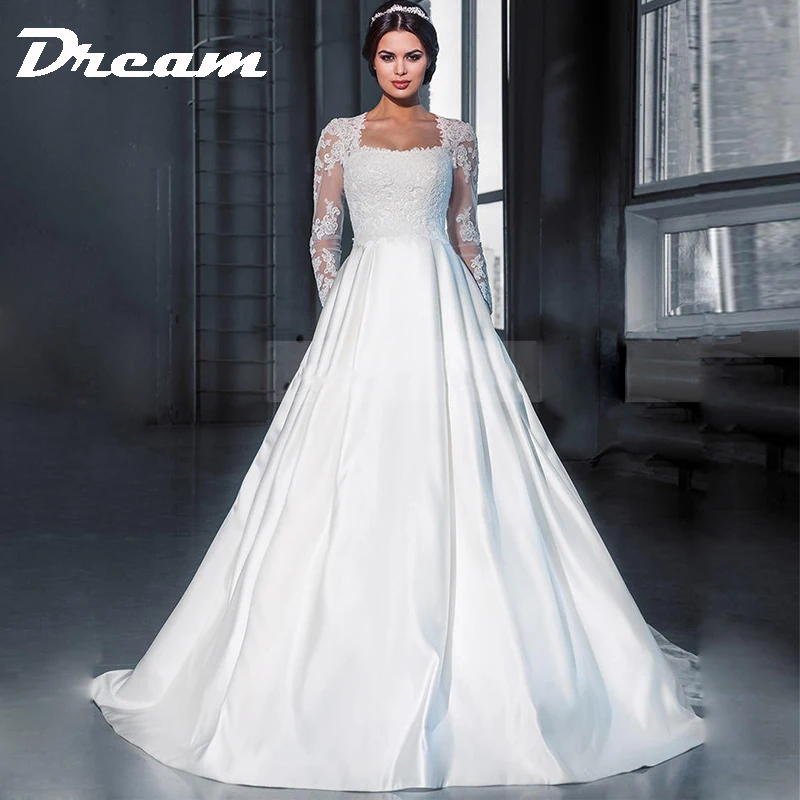 DREAM Vestidos Gaun Pengantin A-Line Satin Antik Lengan Panjang Gaun Pengantin 2023 Saku Applique Renda Saudi Arabia