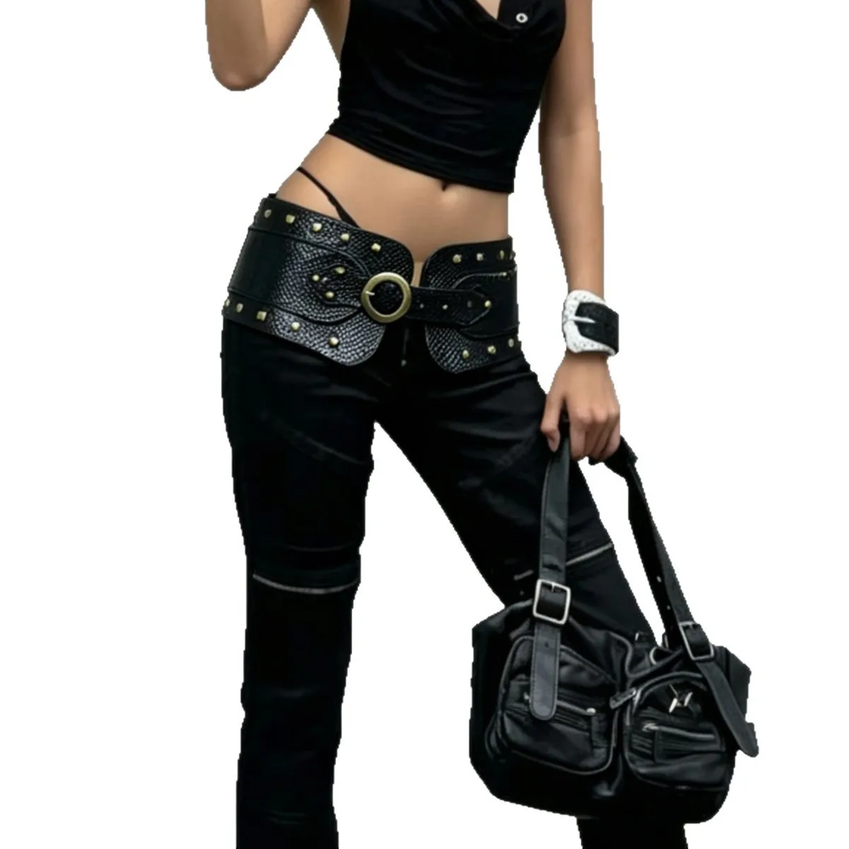 Vintage Crocodile Pattern Double-Layer Single-Pin Buckle Pyramid Rivet Ultra-Wide Belt Waist Cincher Cross-Border Supply