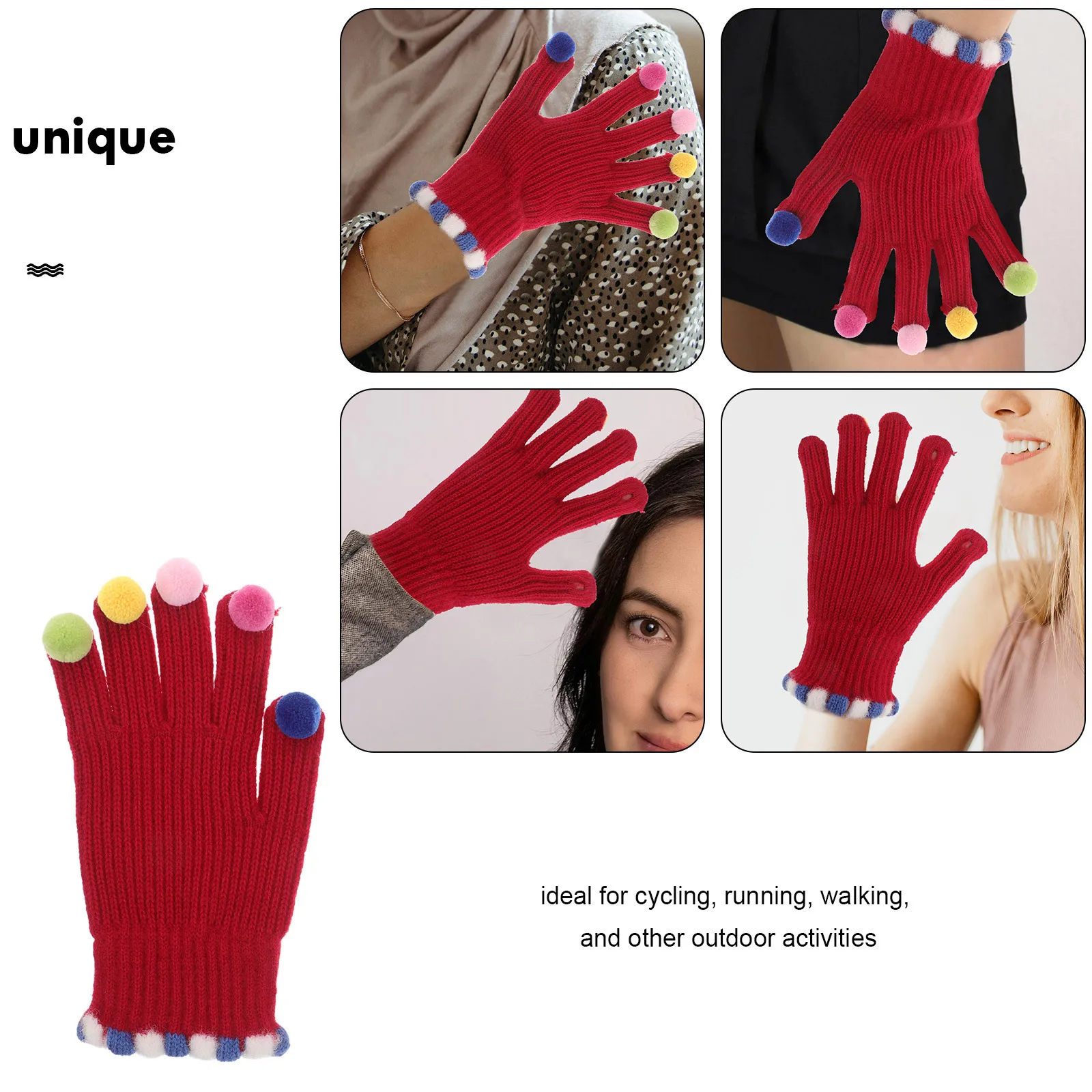 1 Gloves Colorful Pompom Decorations Touchscreen Compatible Fingerless Winter Gloves For Women Men Cycling Running